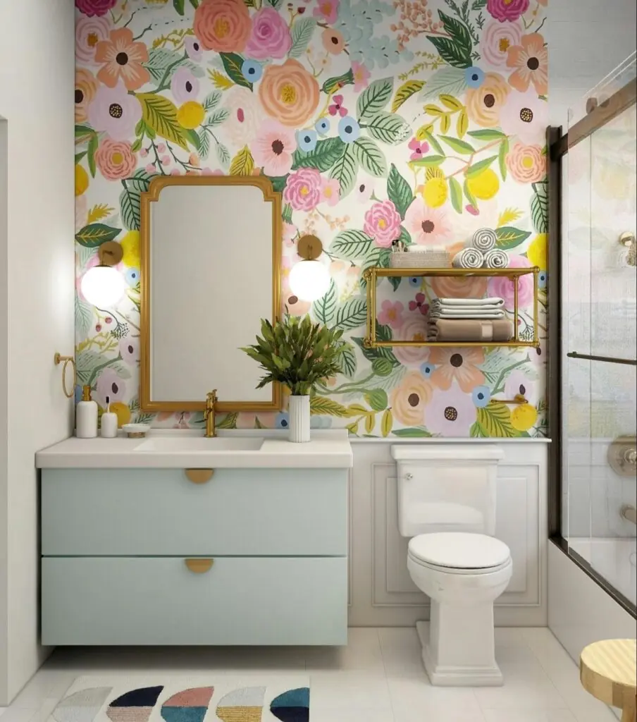 bathroom vanity wall paper sink and toilet