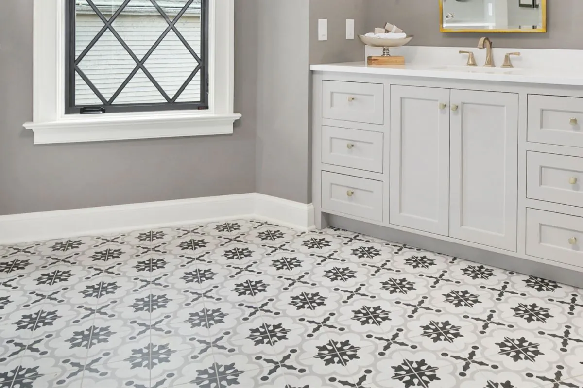 decorative tile flooring in master bathroom