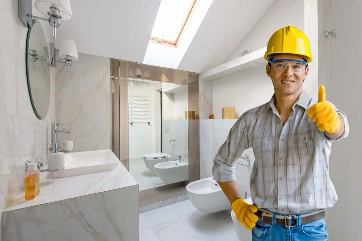 bathroom remodeling contractors thumbs up after finish the job