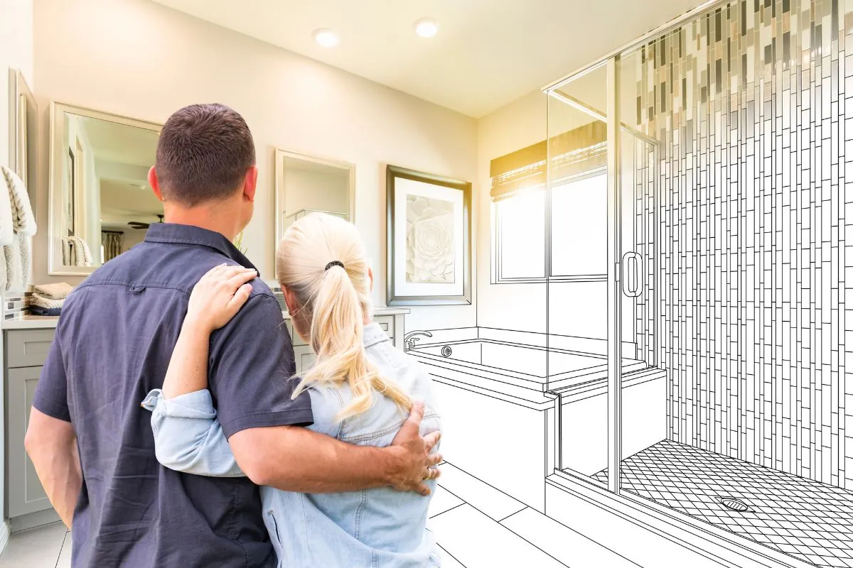 couple facing bathroom drawing gradating to photo