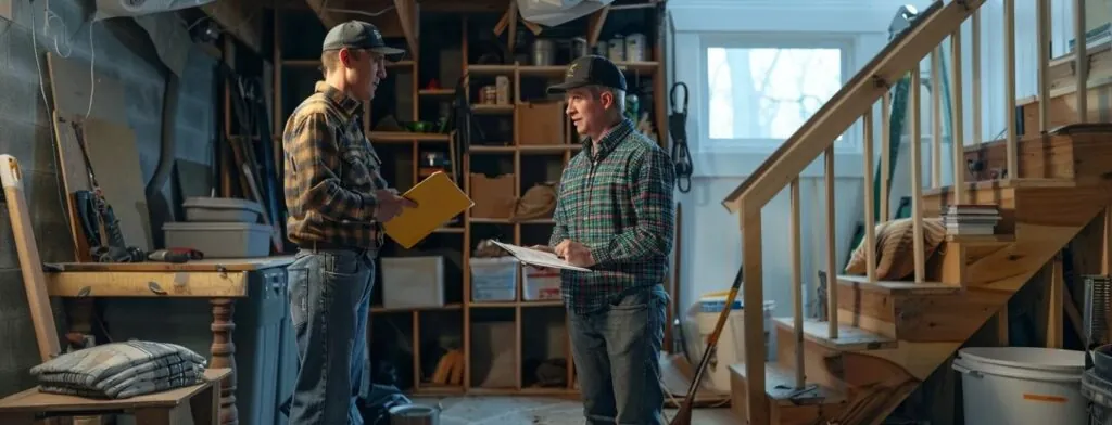 a basement contractor discussing basement remodeling costs with a homeowner in a finished basement setting