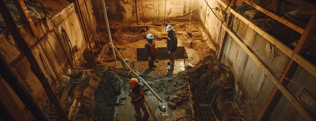 a group of construction workers examining a basement foundation for repairs