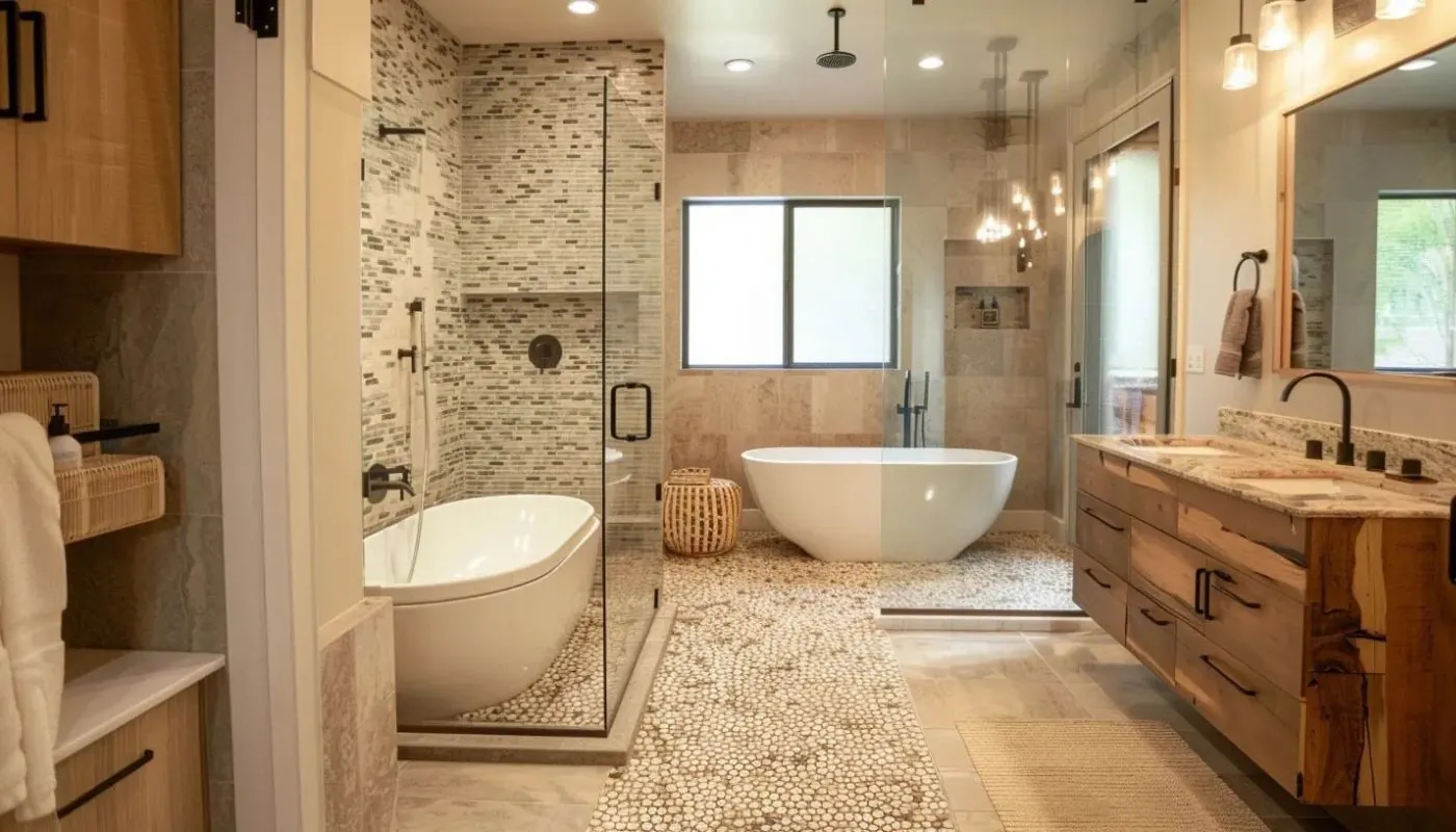 bathroom with new floor, shower tub and toilet