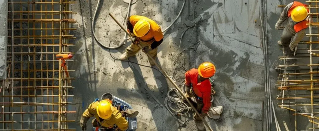 Our contractors in hard hats and tool belts working together on a massachusetts construction site