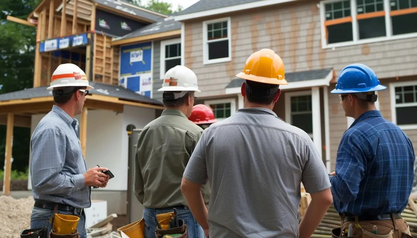 a Contractor in hard hats discussing plans on a second story addition in stoughton ma