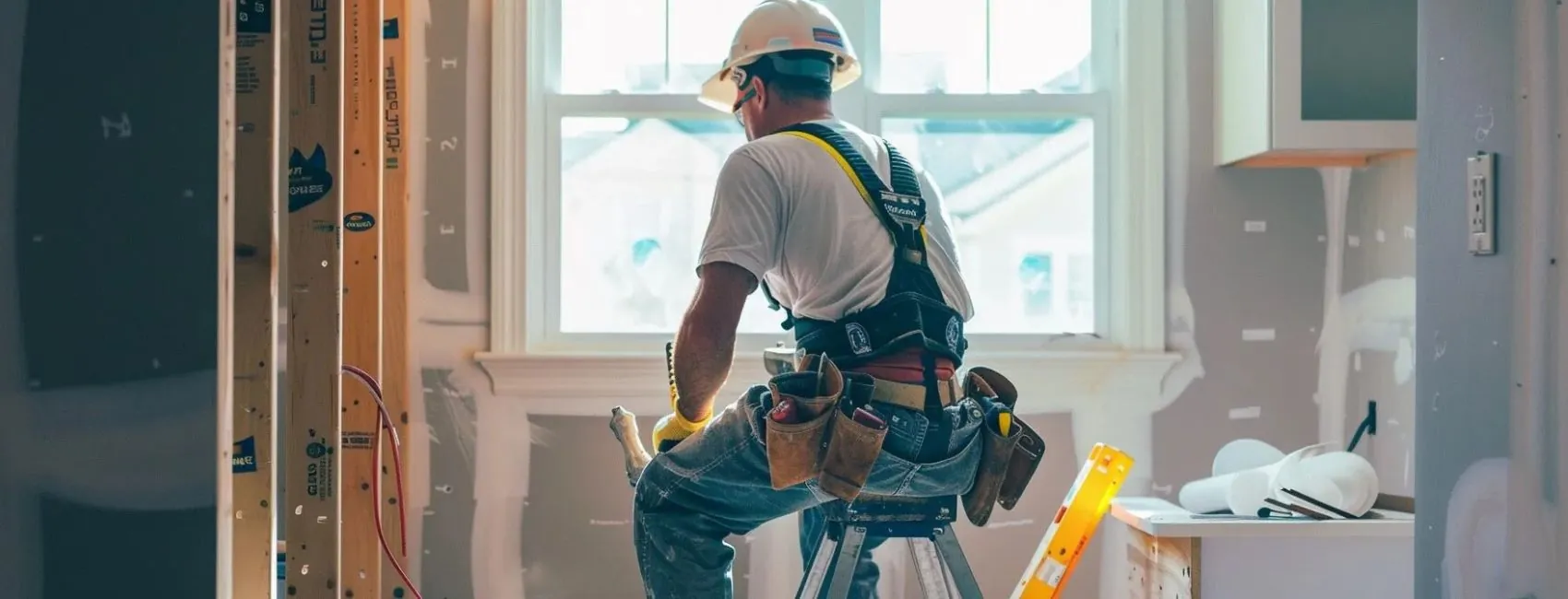 a construction worker using a power tool to remodel a kitchen in pembroke, ma