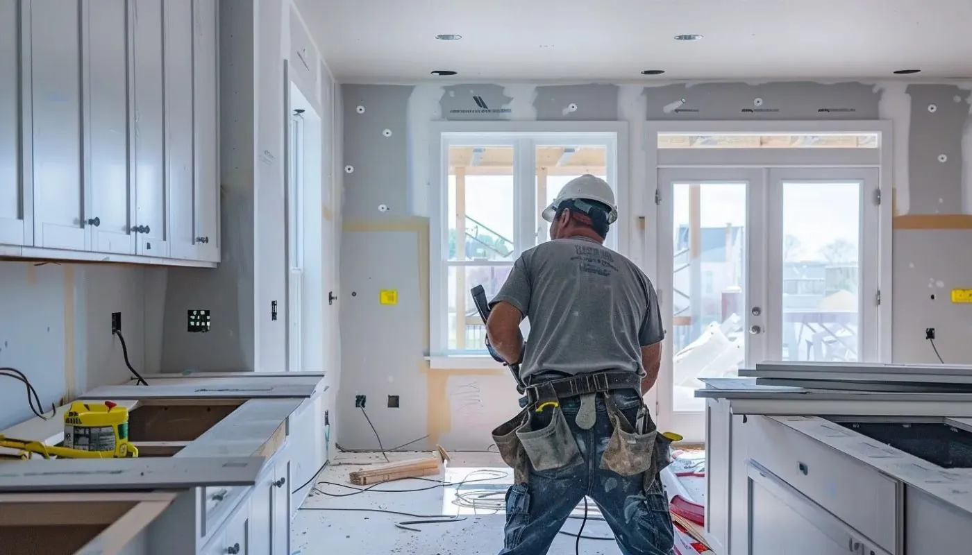 a construction worker using a power tool to renovate a kitchen in rockland, ma