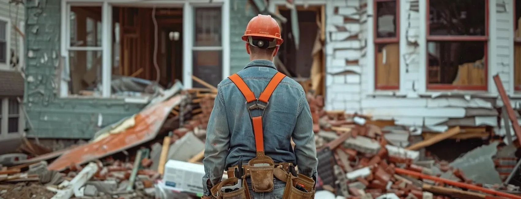 a construction worker wearing a hard hat and tool belt standing in front of a partially demolished house in rockland ma