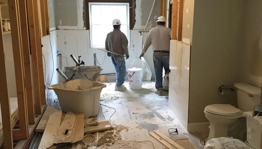 a crew of workers remodeling a bathroom in rockland, ma