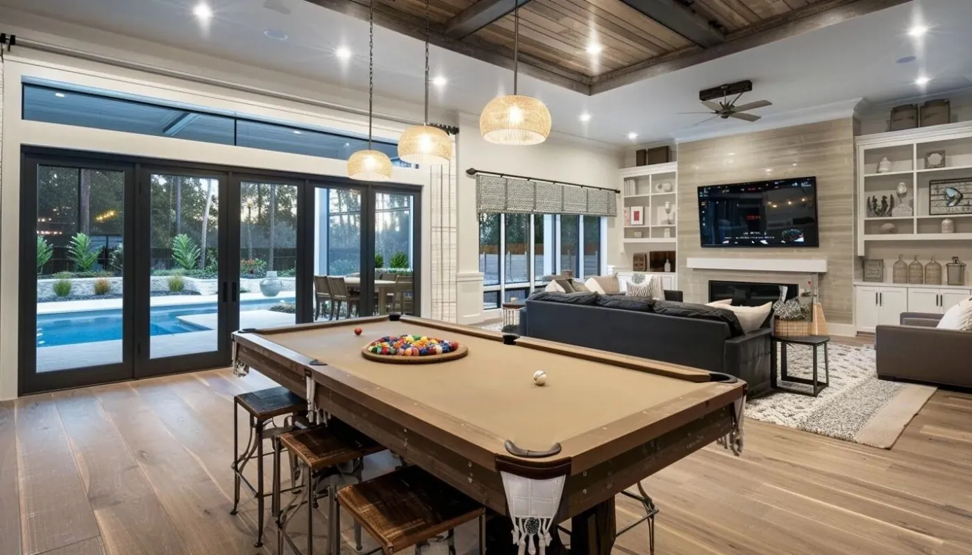 a garage converted into a family gathering area