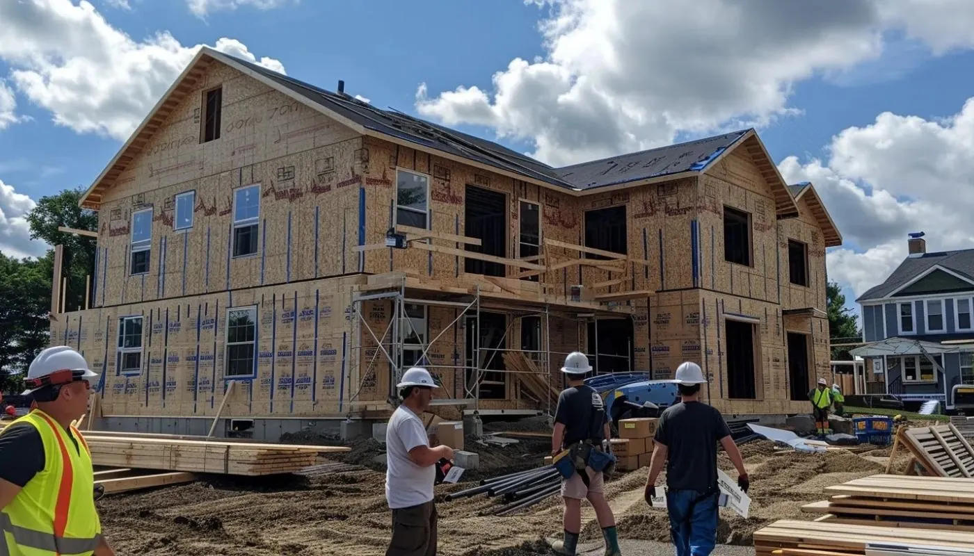 a group of construction workers wearing hard hats in front of a home under construction in stoughton massachusetts ma