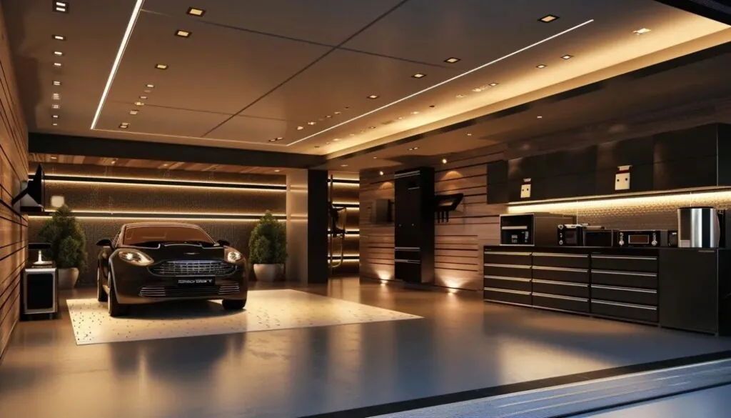 a modern and luxurious garage with sleek appliances and a family car