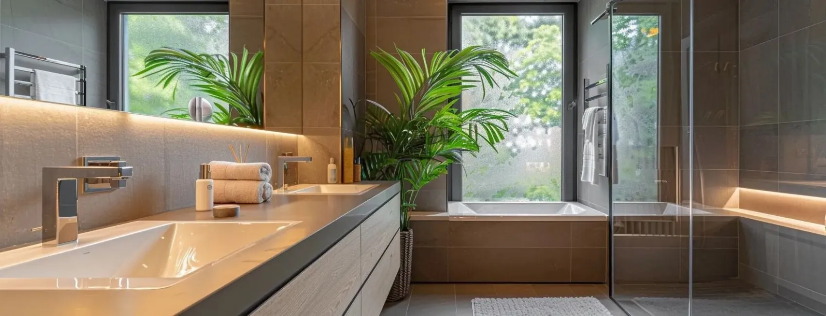 a modern bathroom with sleek fixtures and a large vanity mirror in a newly renovated home in marshfield, ma.