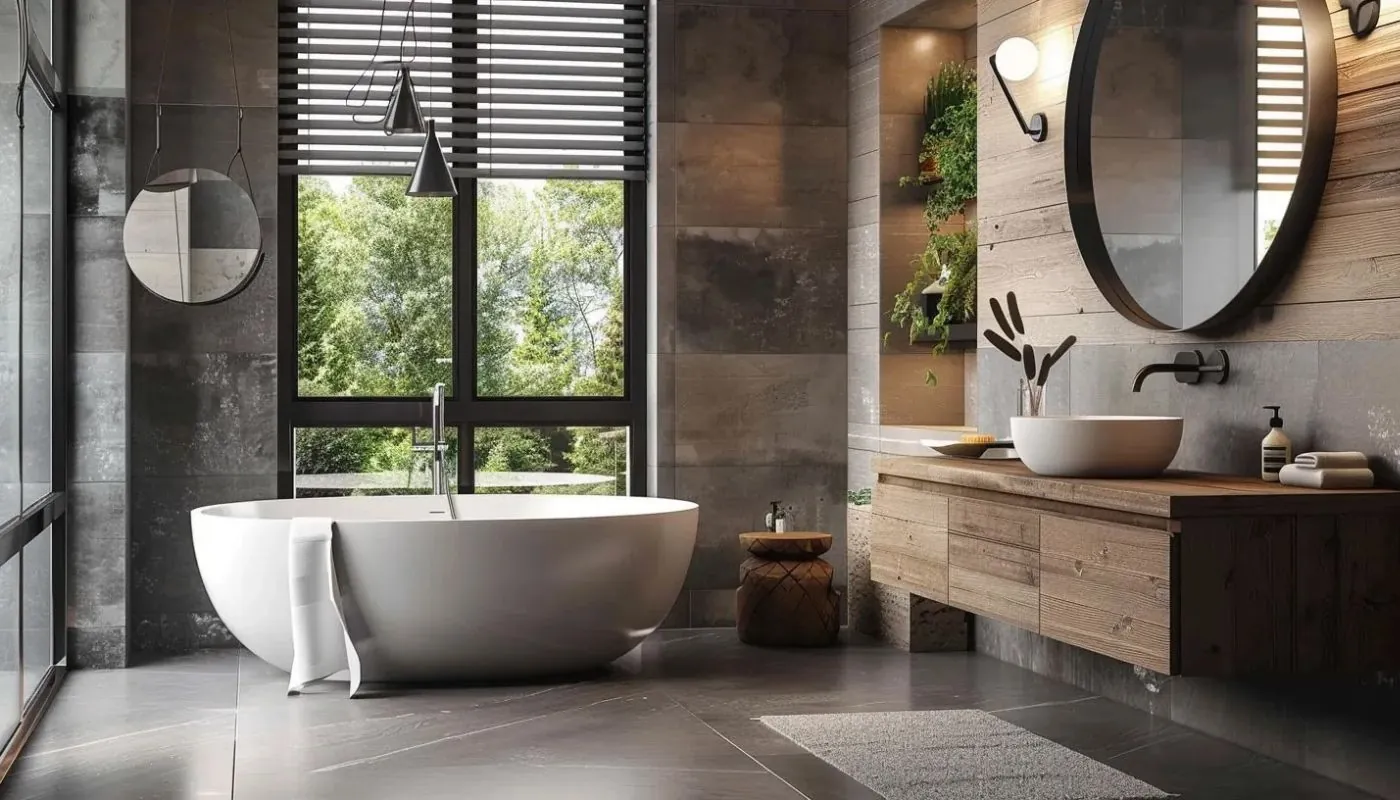 a modern bathroom with sleek vanity and high-end tub and shower