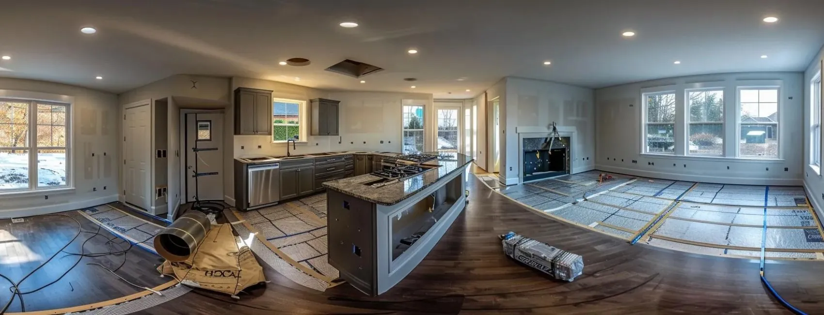 a modern, sleek kitchen with stainless steel appliances and granite countertops being installed in a spacious west bridgewater home