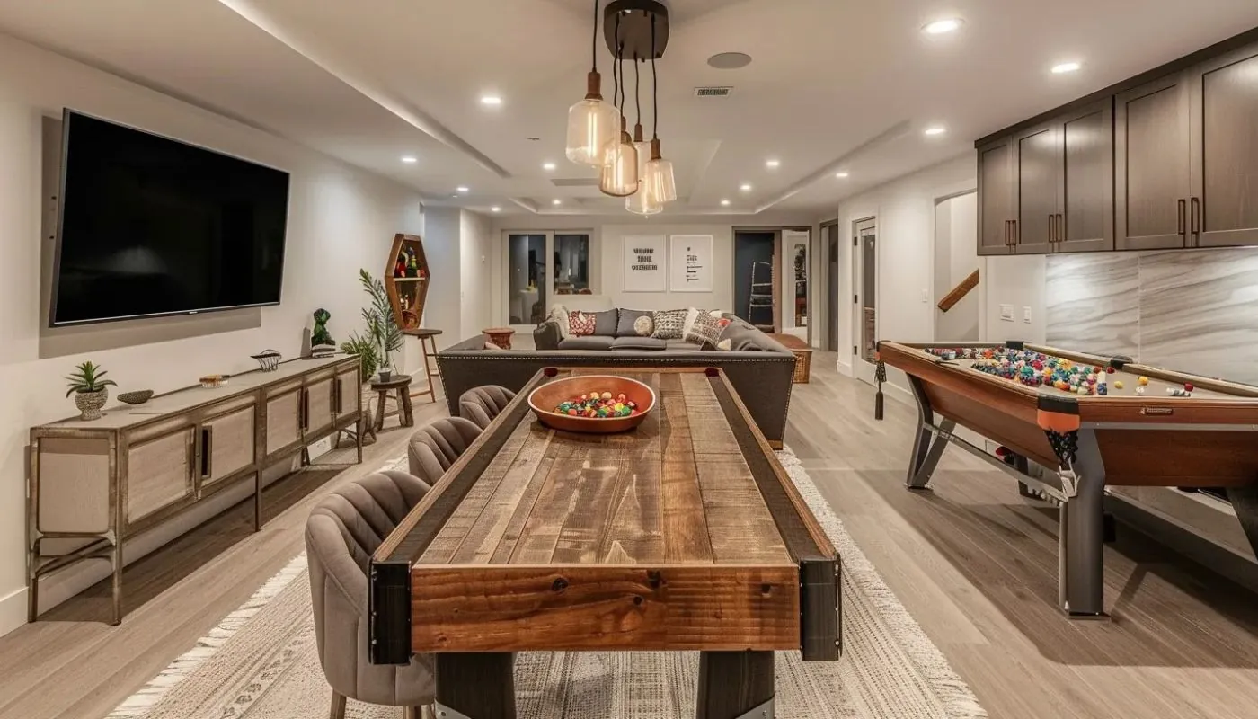 a spacious basement with sleek gaming set up and a stylish cabinet