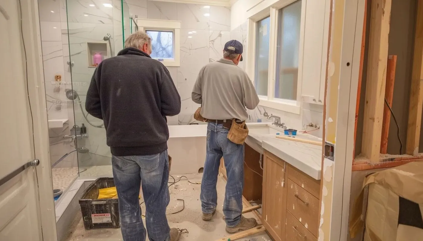 a team of bathroom remodeling professionals working together to remodel a bathroom in randolph, ma