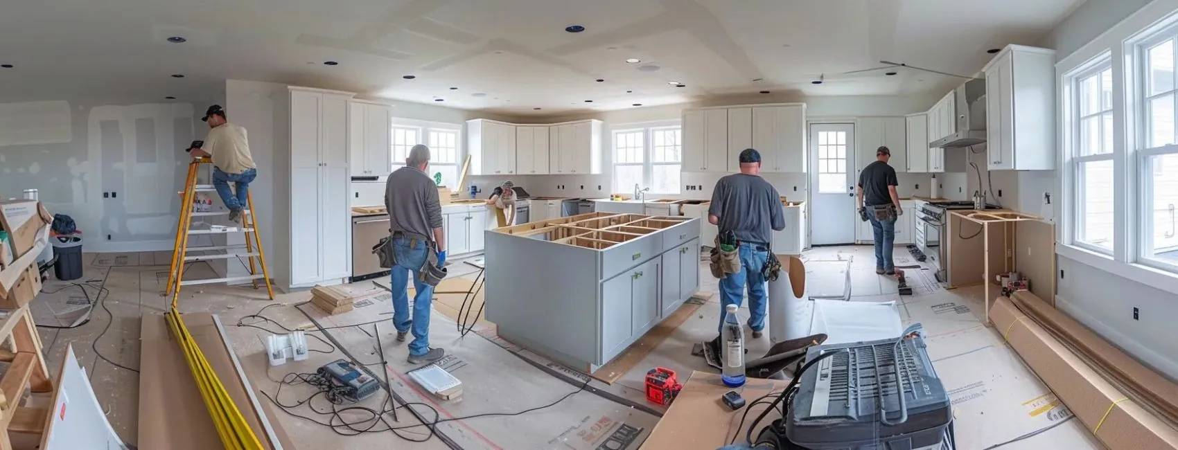 a team of contractors working on renovating a kitchen in pembroke, ma