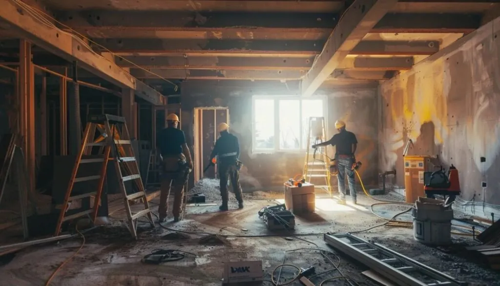 contractor working on a basement finishing site with workers in stoughton, ma.