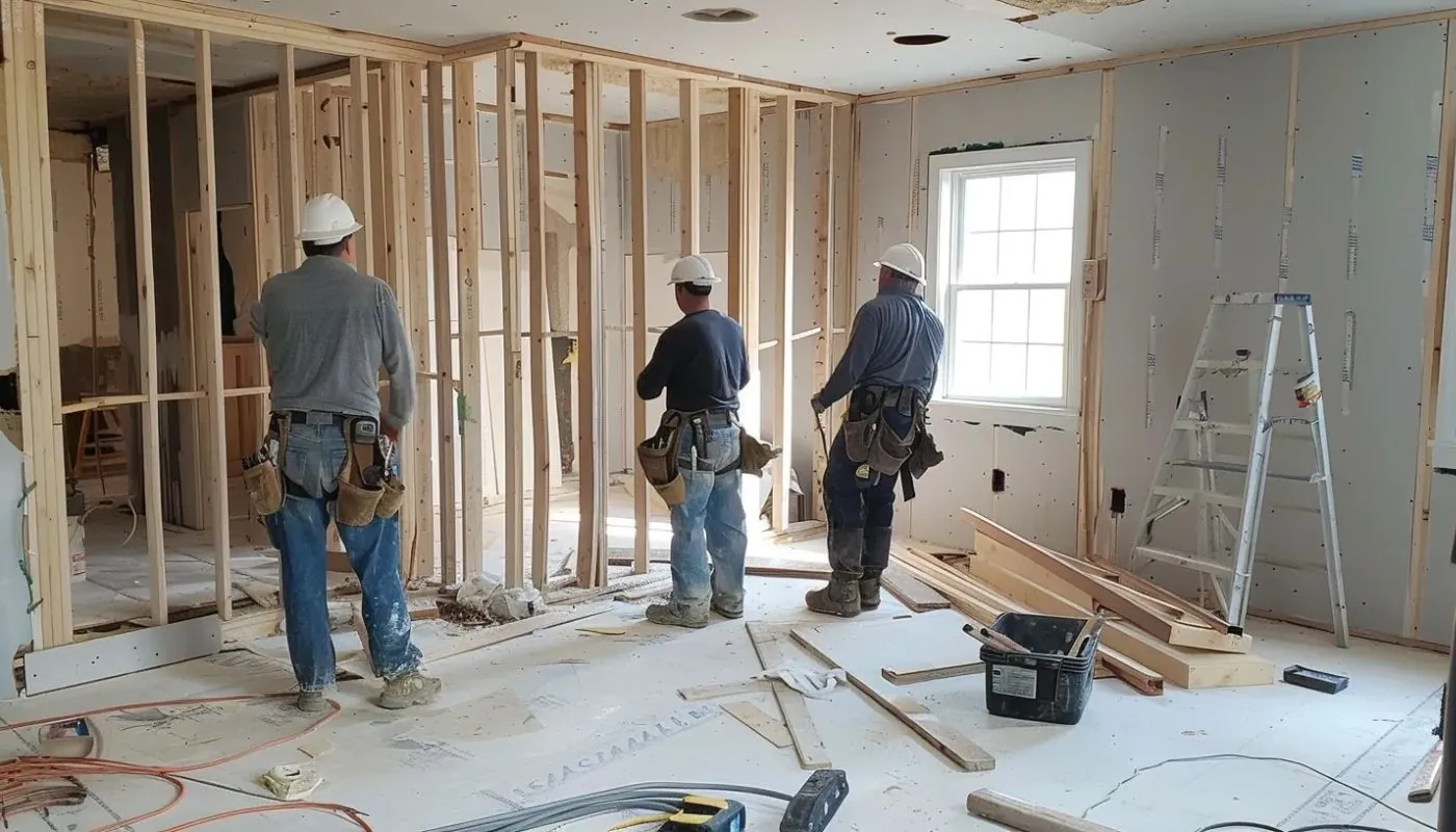 contractor working on room remodeling site with workers west bridgewater ma