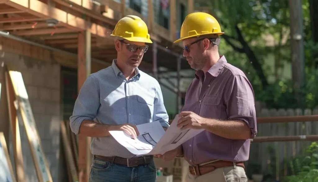 general contractor in hard hats reviewing home addition plans at a work site