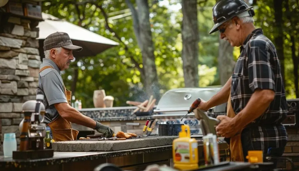 local general contractor in hard hats and tool belts working together on an outdoor kitchen in scituate, ma