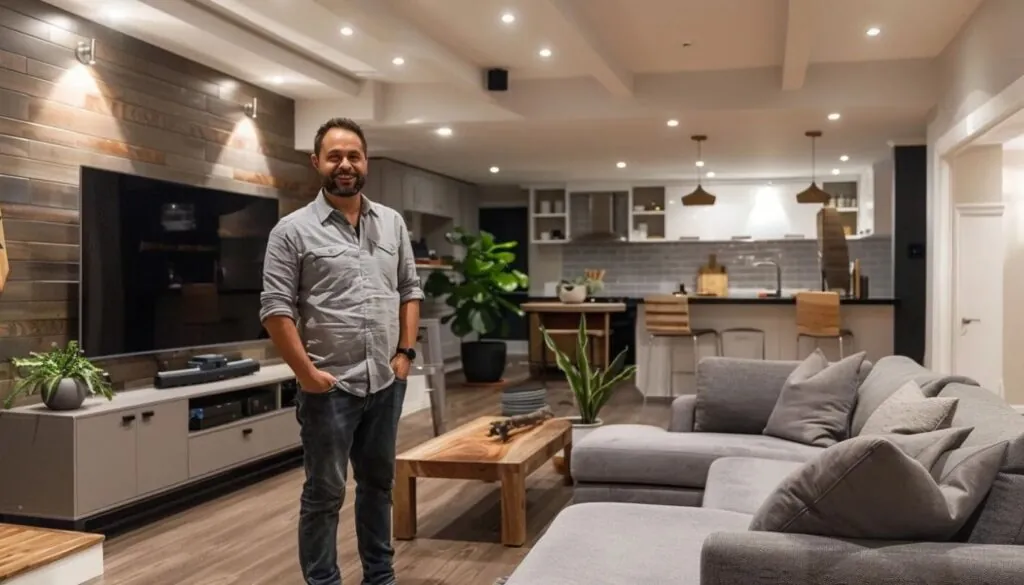 man standing and happy with his new basement renovation