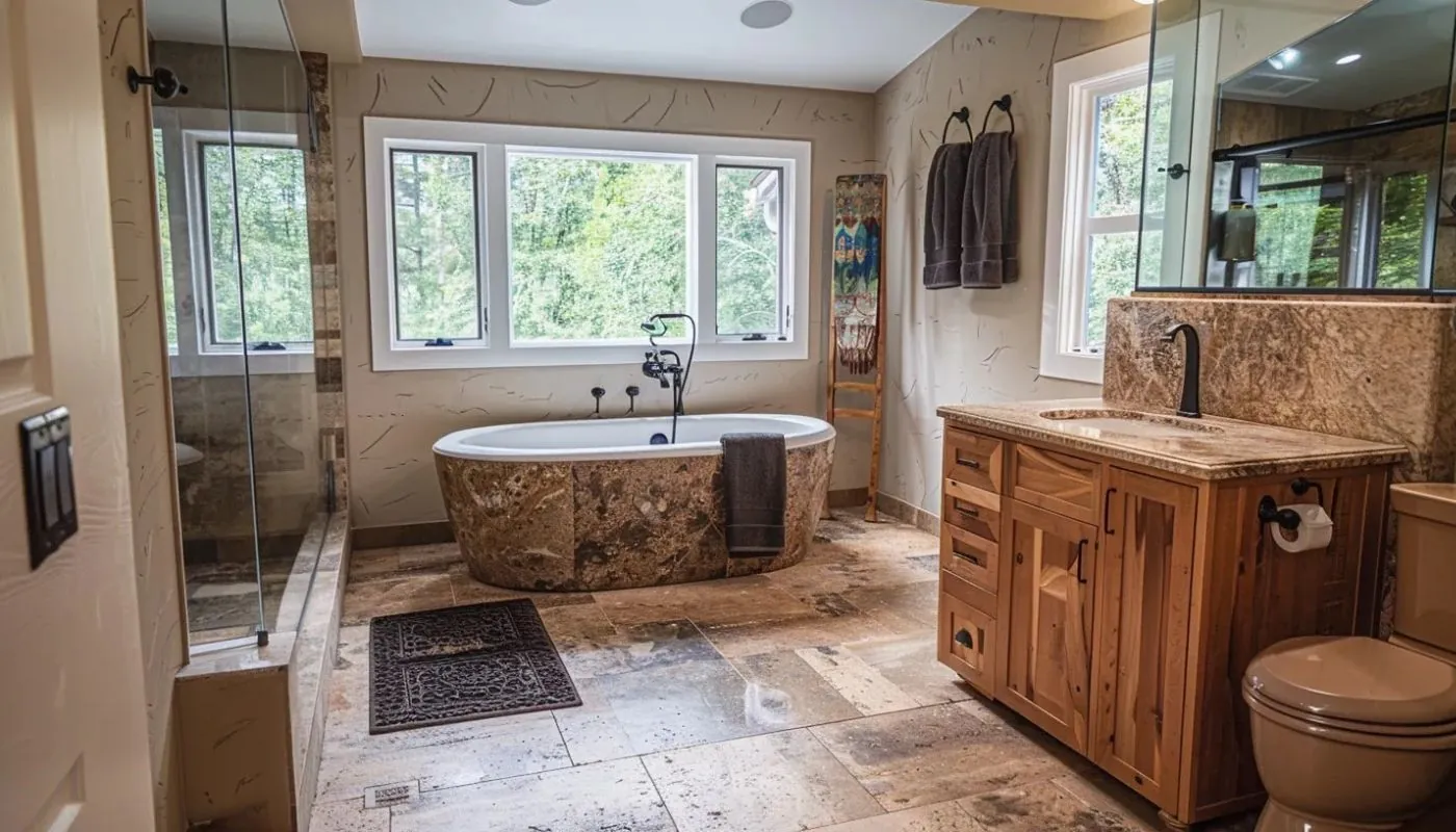 new bathroom remodeled with new tub, shower and vanity