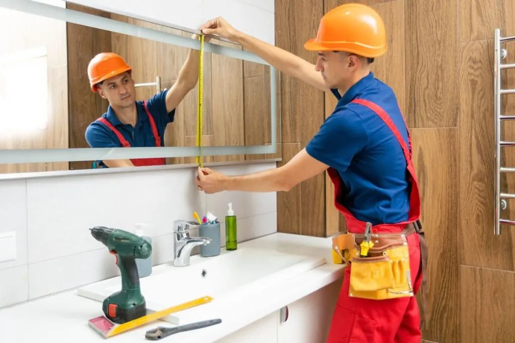 professional contractor with equipment in front of the mirror