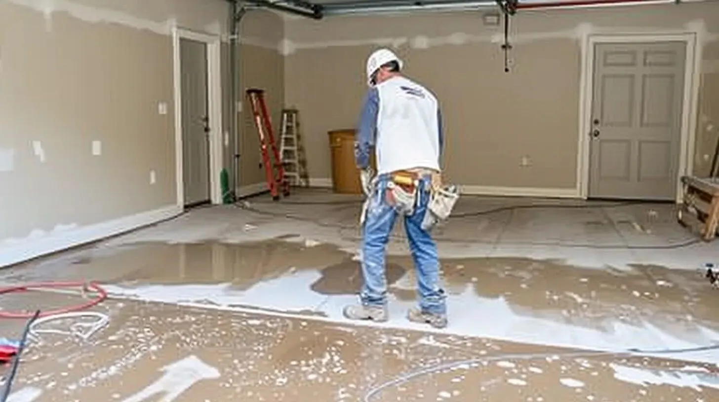 contractor wroking on updating the garage flooring and cabinets