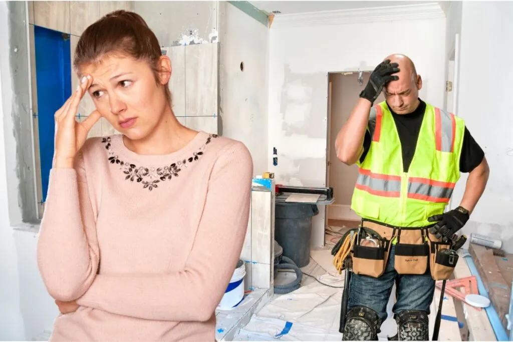 a woman disapointed on bathroom remodeling contractors