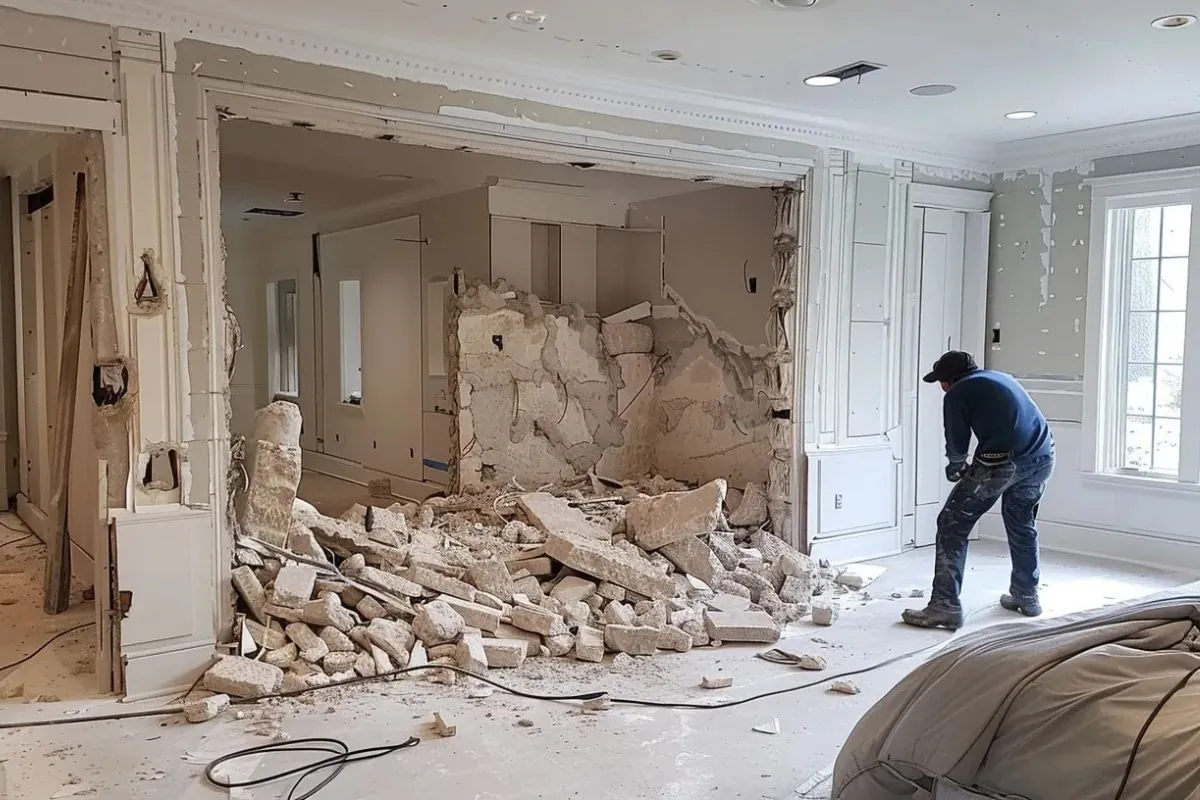 contractor demolishing a wall inside a bedroom to combine two rooms