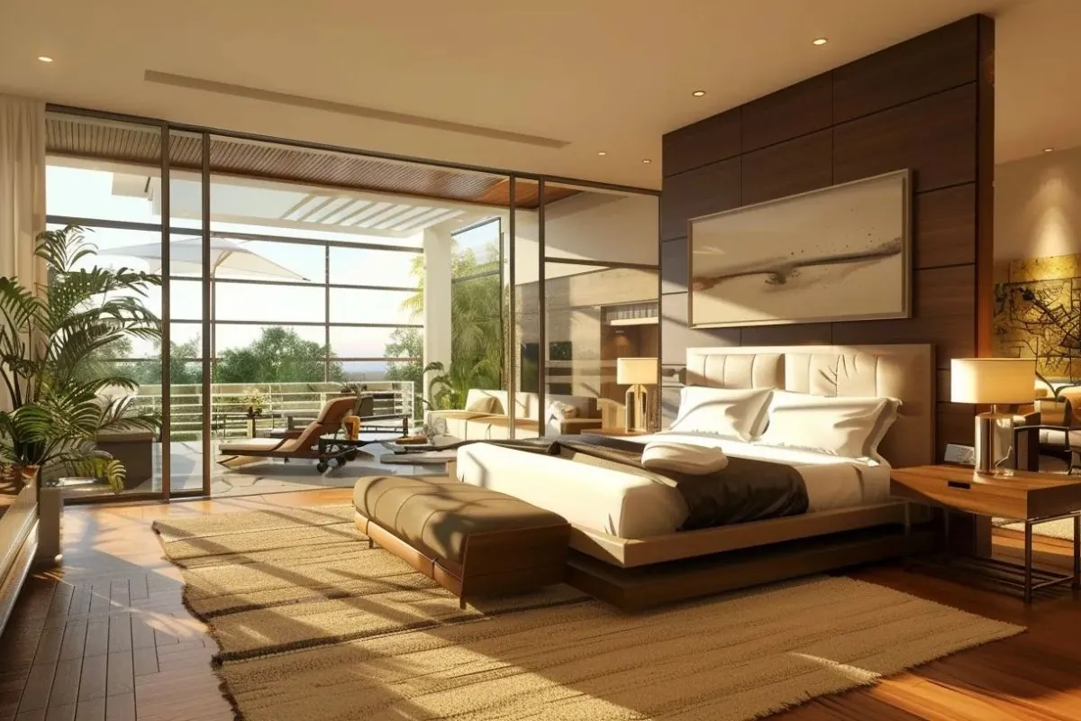 modern bedroom addition above the house garage with complete modern furniture