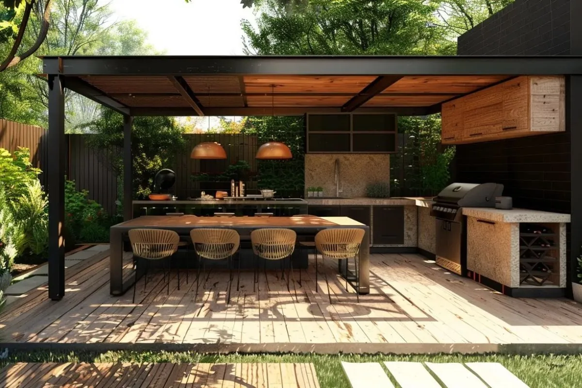 a spacious outdoor kitchen addition featuring high chairs and warm decor