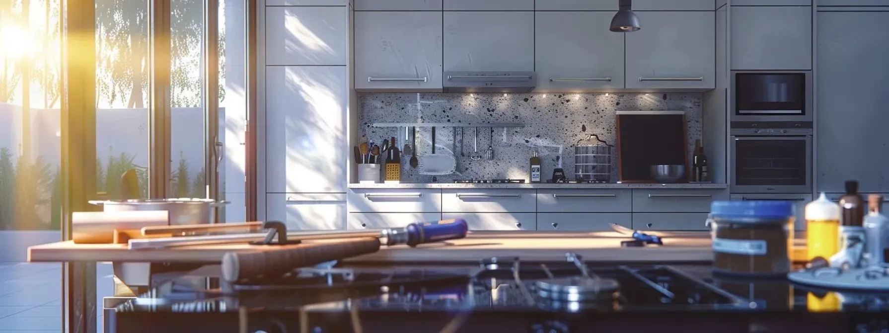 a modern kitchen with sleek, stainless steel appliances and granite countertops being renovated with tools scattered around the room