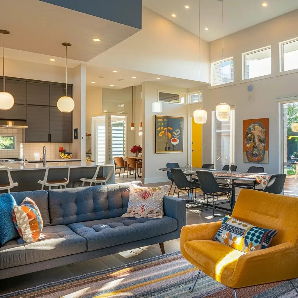 a beautifully transformed living space showcases modern design elements, featuring open, airy layouts and vibrant color accents that bring the homeowner's vision to life under warm, inviting natural light.