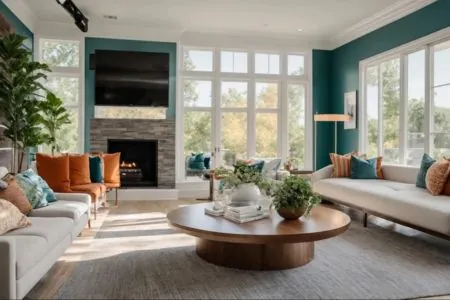 a beautifully transformed living space showcases elegant custom home remodeling, featuring vibrant colors, modern furnishings, and expansive natural light flooding through large windows, embodying a perfect blend of style and comfort.